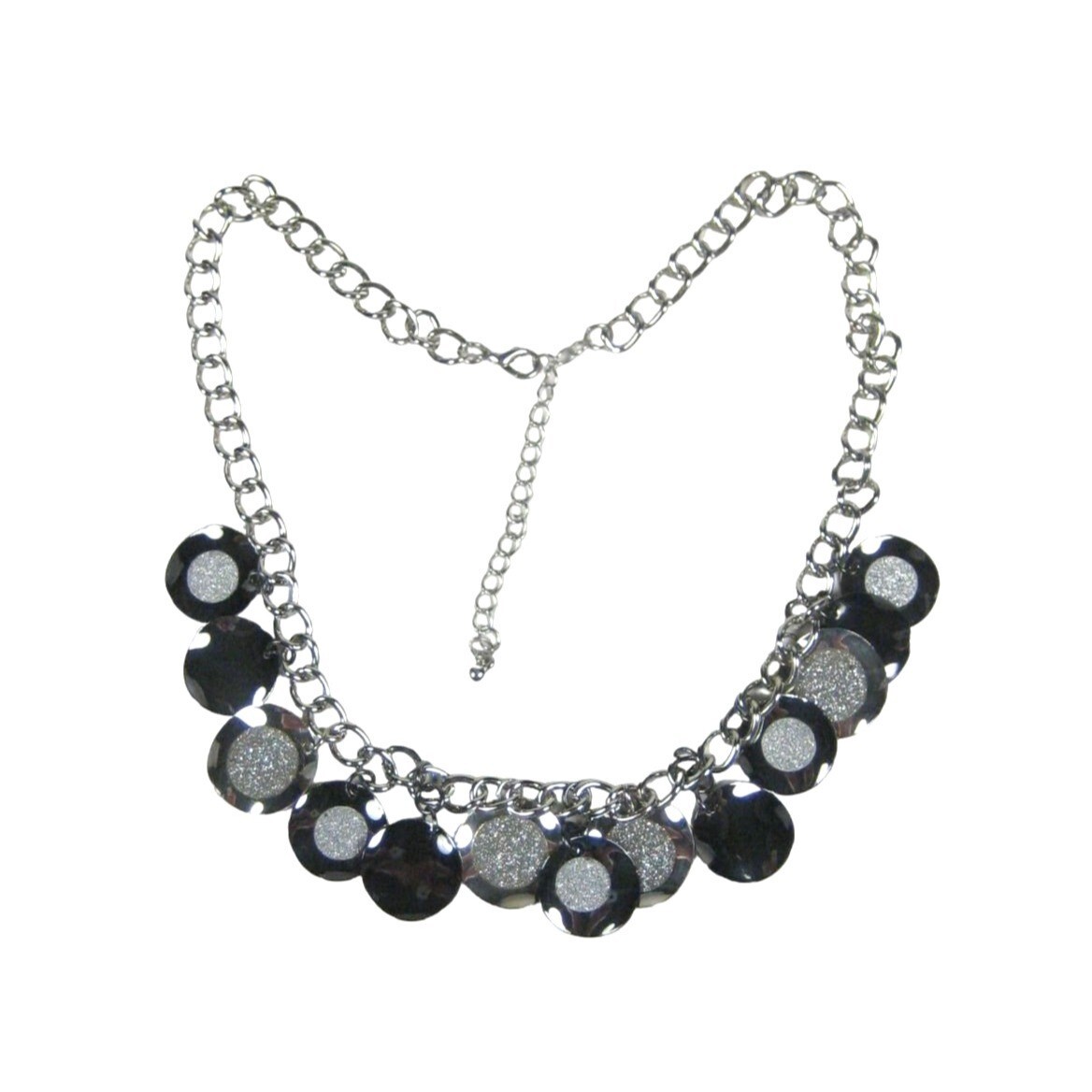 Silvertone Chain Charm Necklace 18 Inch Festival Statement Party Round Disc