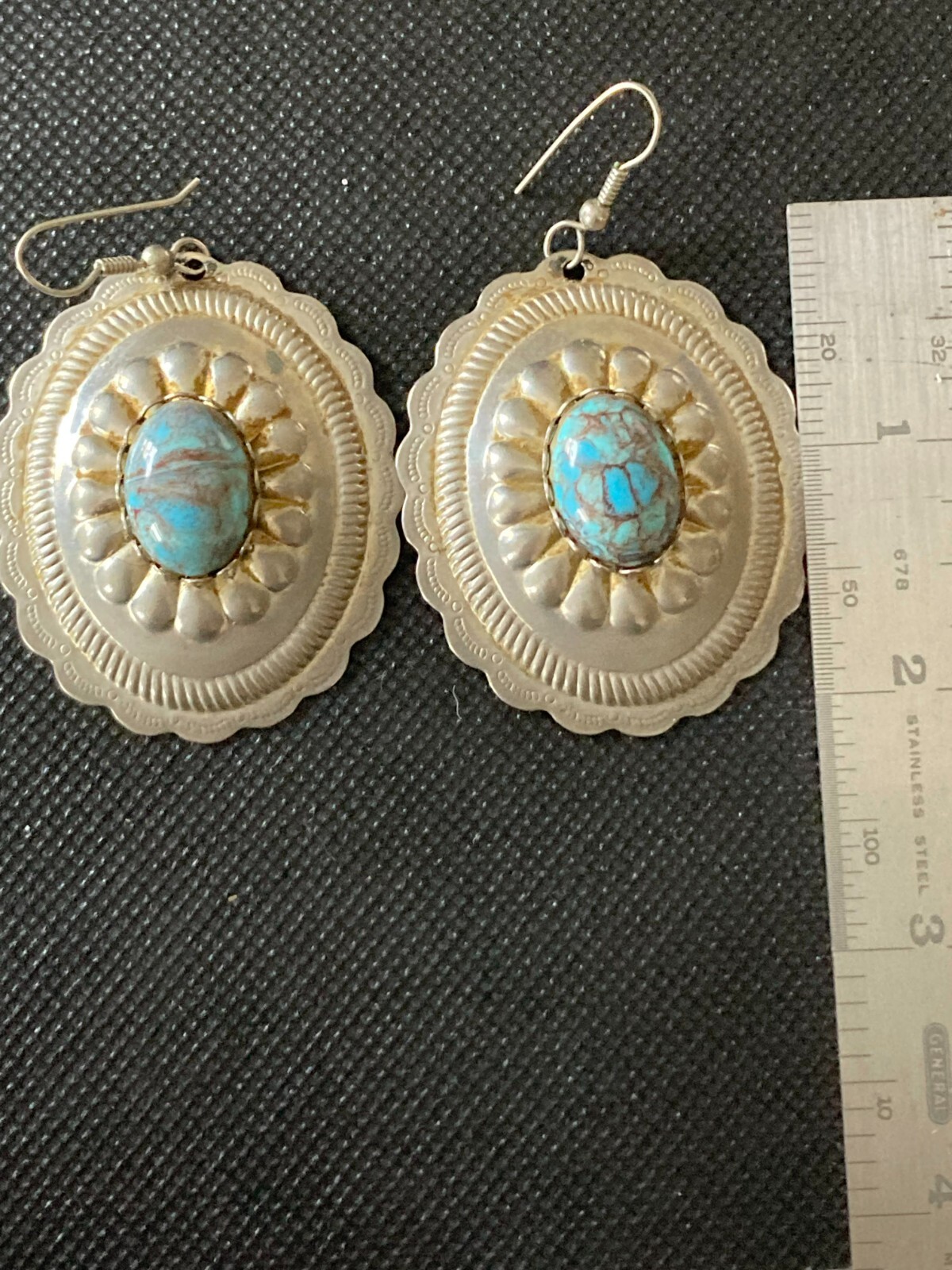 Earrings Native Inspired Stamped Tin and Turquoise Glass Cabochons 2″ Hooks