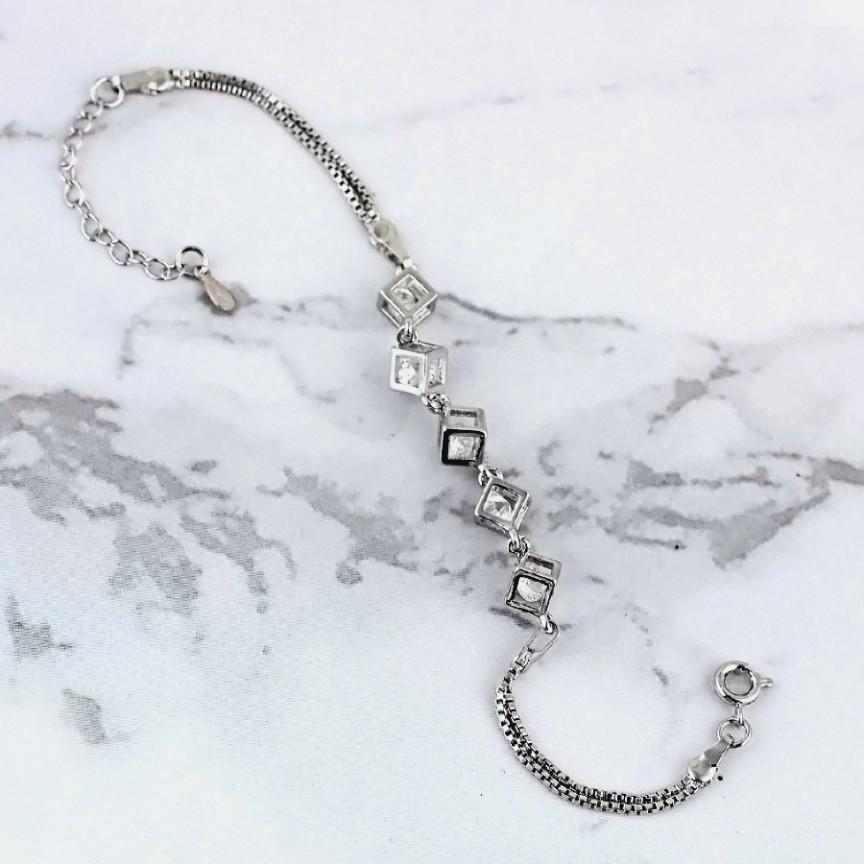 Sparkly Zircon Square Cube Double Box Chain Splice Silver Plated Alloy Bracelet