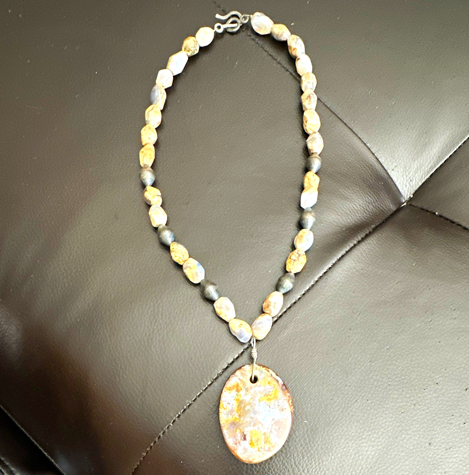 Beaded Ball/Bead Chain Necklace Oval Jasper Charm Pendant Hook Clasp 19-24 in