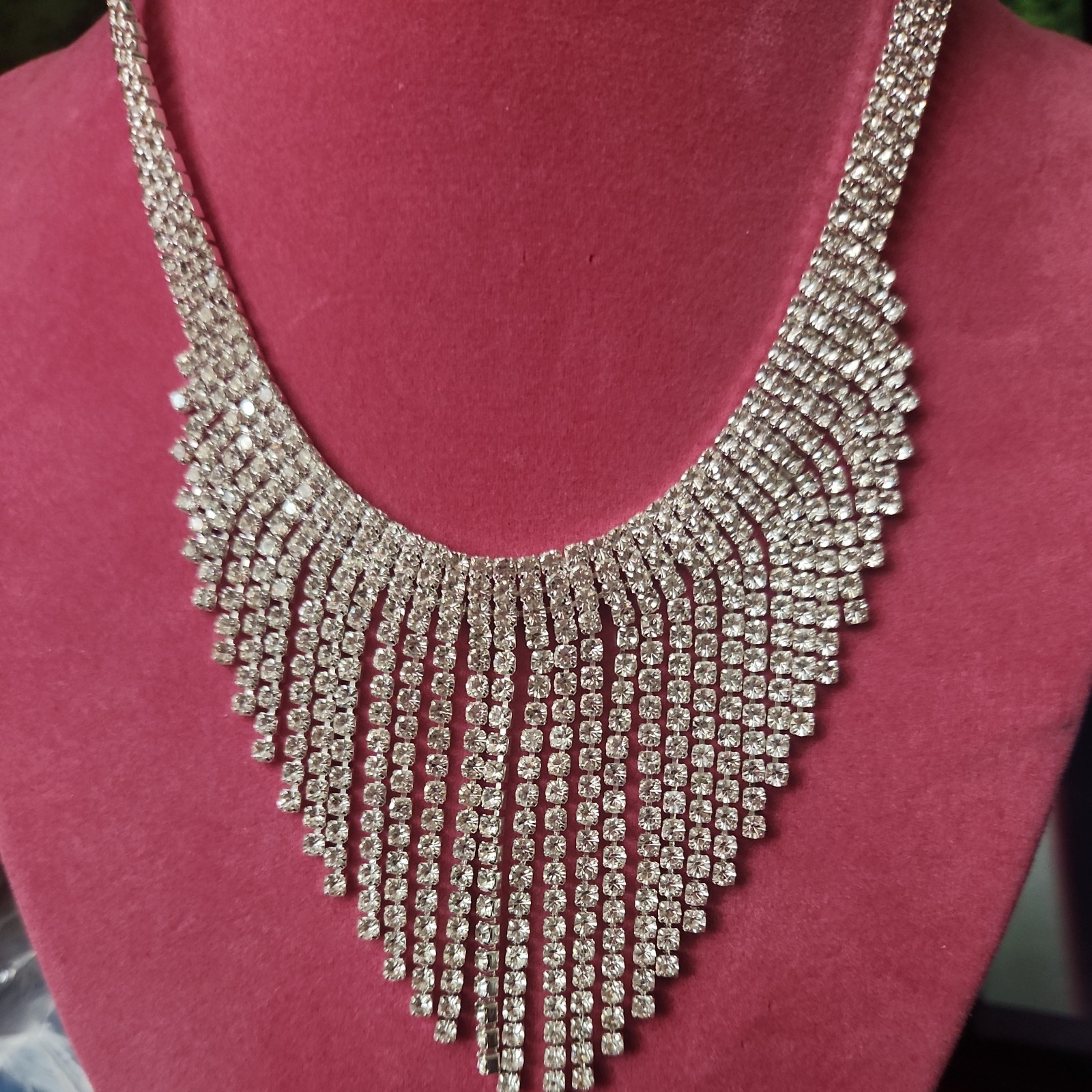 Rhinestone Fringe Necklace Earrings Set Waterfall Statement Glam Jewelry