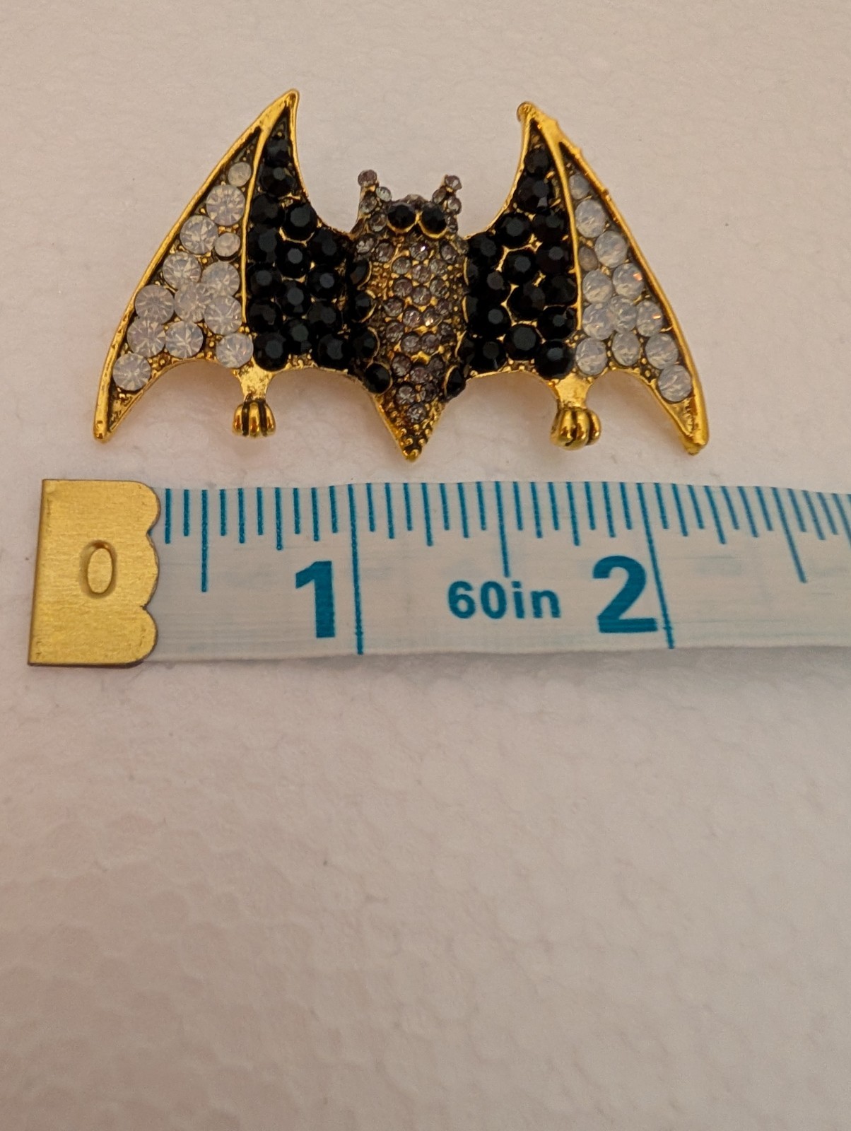 New Halloween Sparkly Rhinestone Black And White BAT Goldtone Brooch Pin