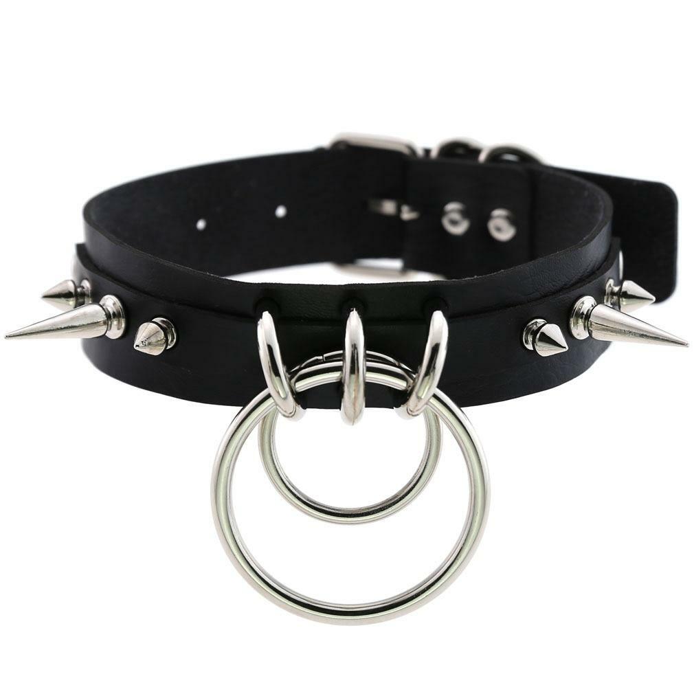 Women O Ring Neck Collar Chain Gothic Punk Studded Pu Leather Choker Necklace