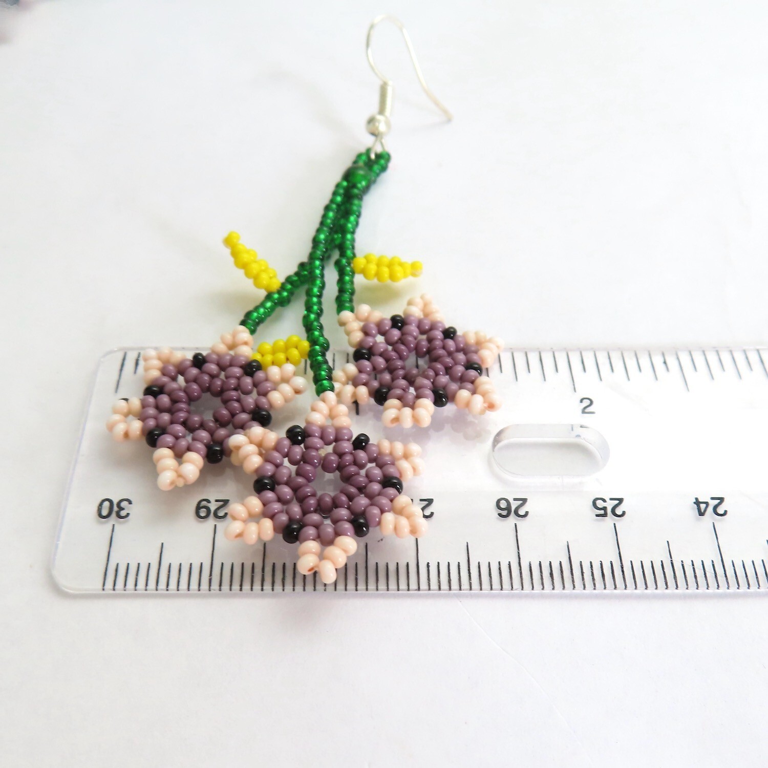 Beaded Dangle Earrings Pink Purple Flowers Huichol Handmade Mexican Folk Art