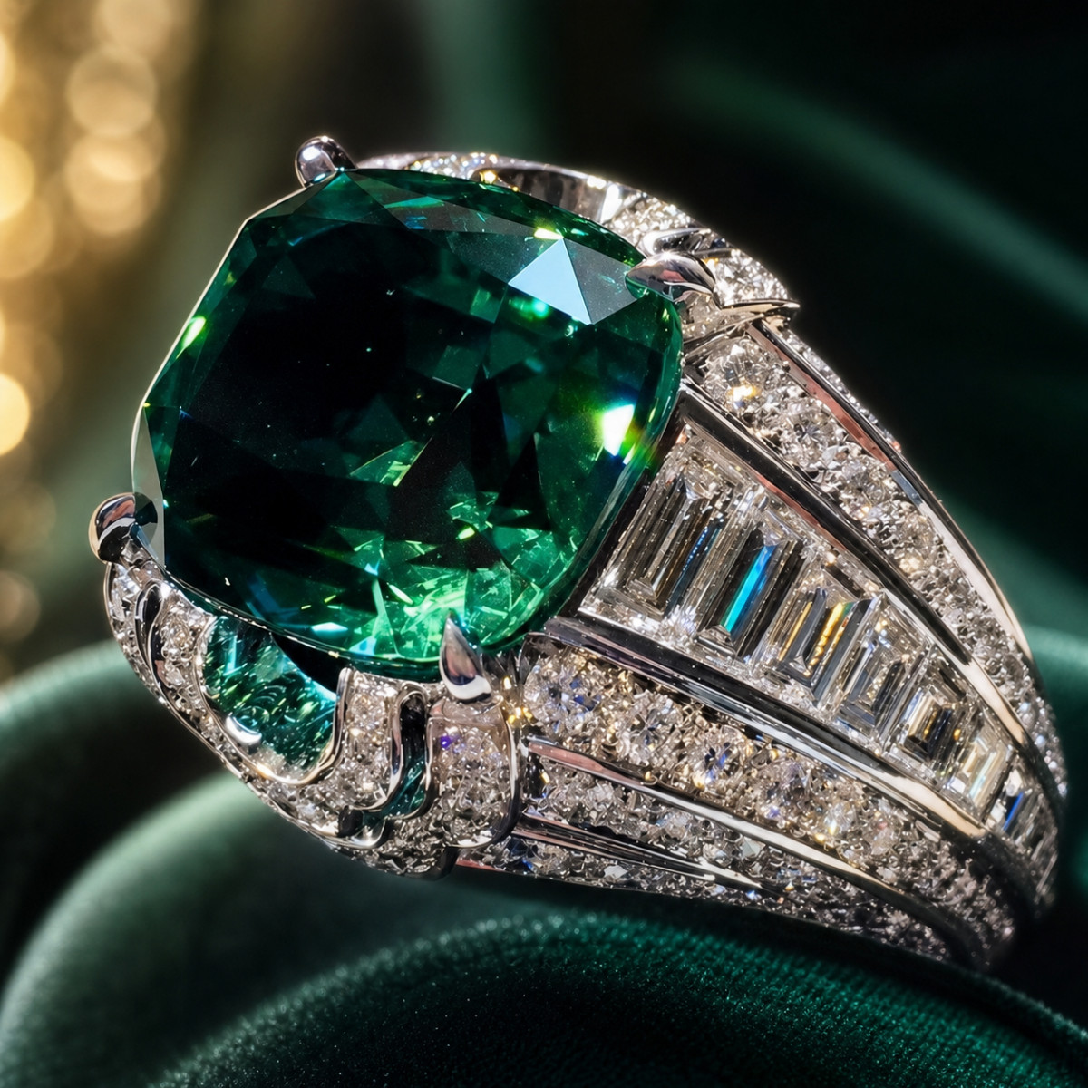𝟵𝟮𝟱 Silver Filled Ring Women Green Emerald Cushion CZ Cocktail Statement Sz 8