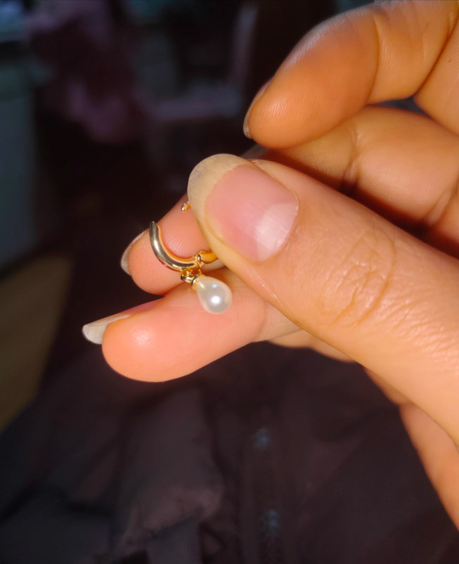 Gold Tone Dangle Drop Teardrop Pearl Small Huggie Hoop Earrings Gift AJ