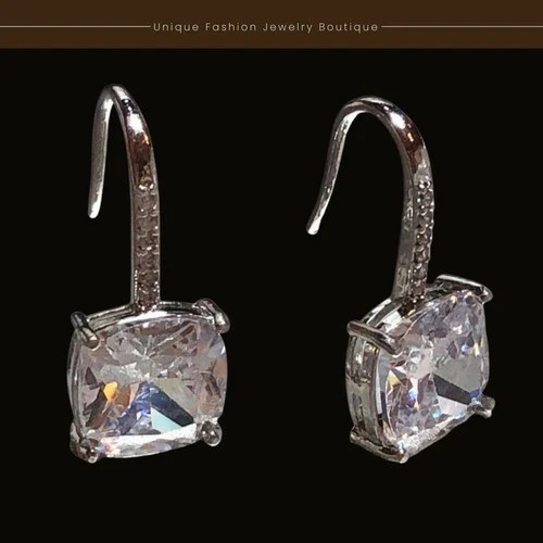 3CTW Simulated Diamond Cushion Drop Earrings 10k White Gold Plated Elegant Gift