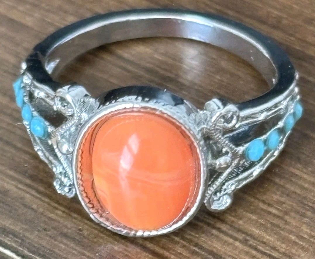 Silver Tone Fashion Ring, Size 8, Blue & Orange Beads_ Very Good Used Condition