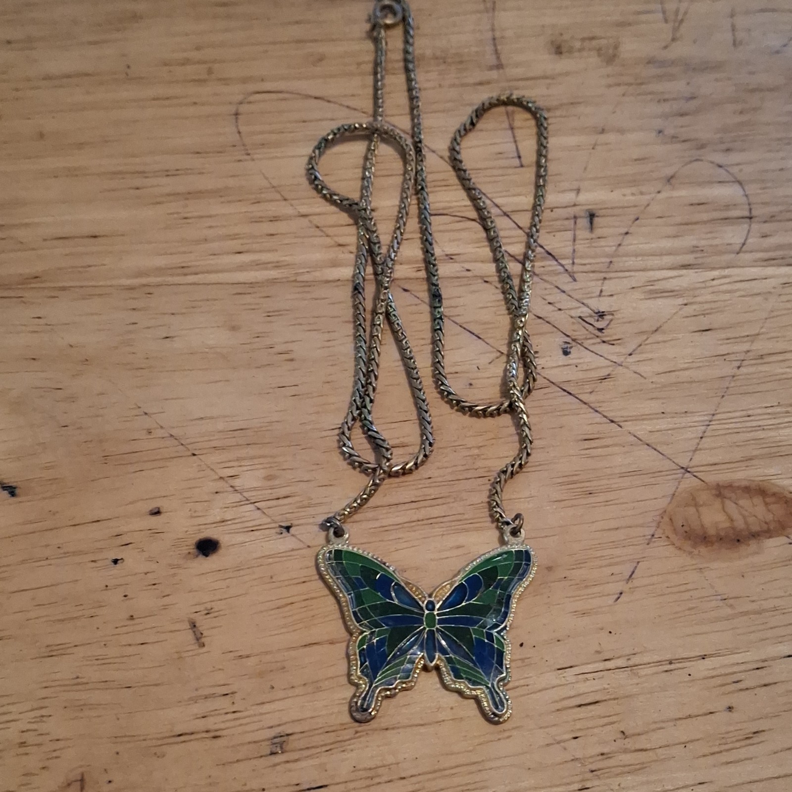 Gold Tone Blue & Green Enamel Butterfly Charm Pendant Necklace, Curb Chain