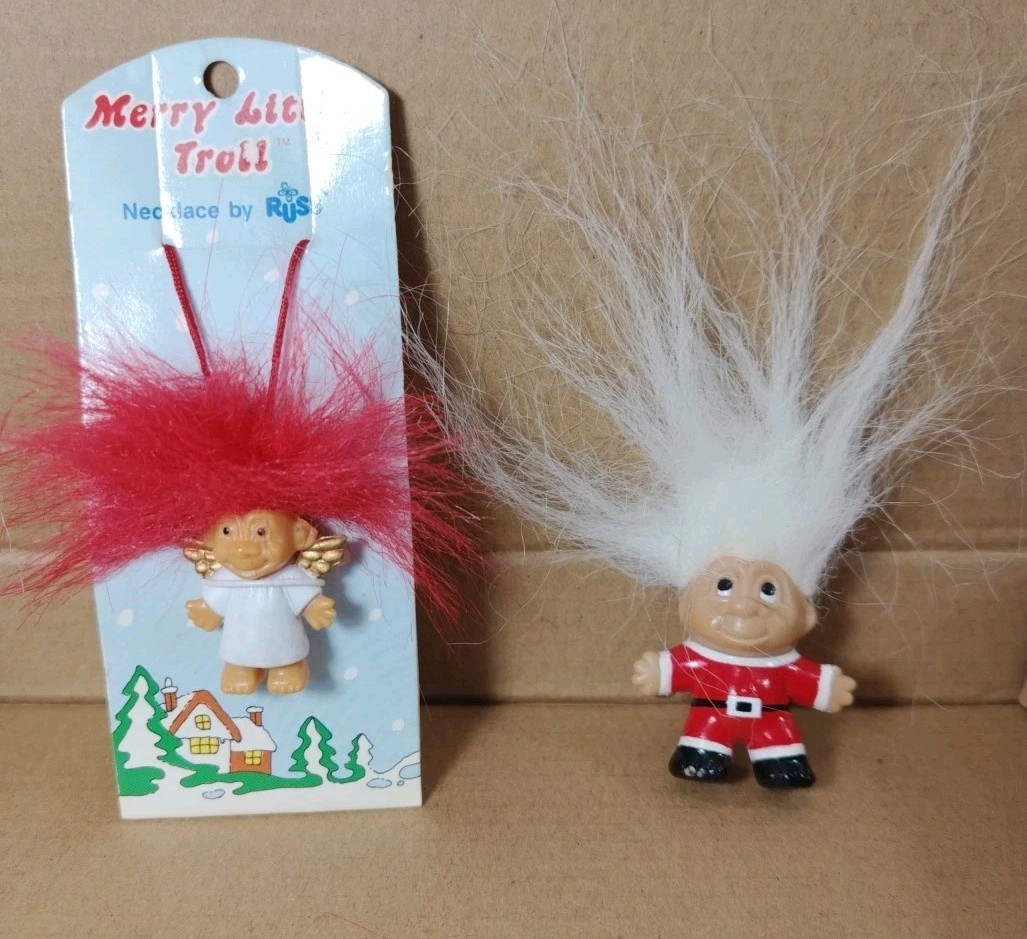Russ Santa Claus Troll Christmas Pin Brooch Vtg White Hair Mini Angel Necklace