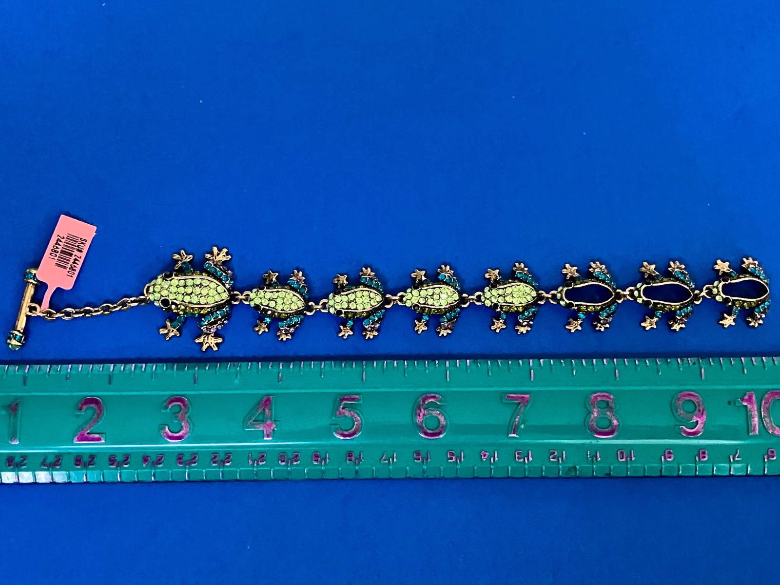 Gold tone Link Bracelet: Eight Green & Blue Pavé Rhinestone Frogs — NEW