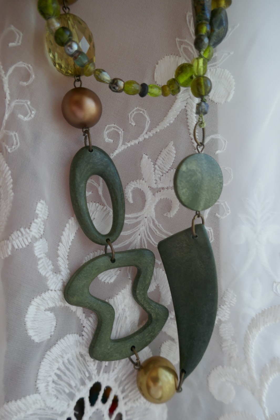 40″ Long Necklace Green Copper Gold Large Abstract Shapes Acrylic & Glass Beads