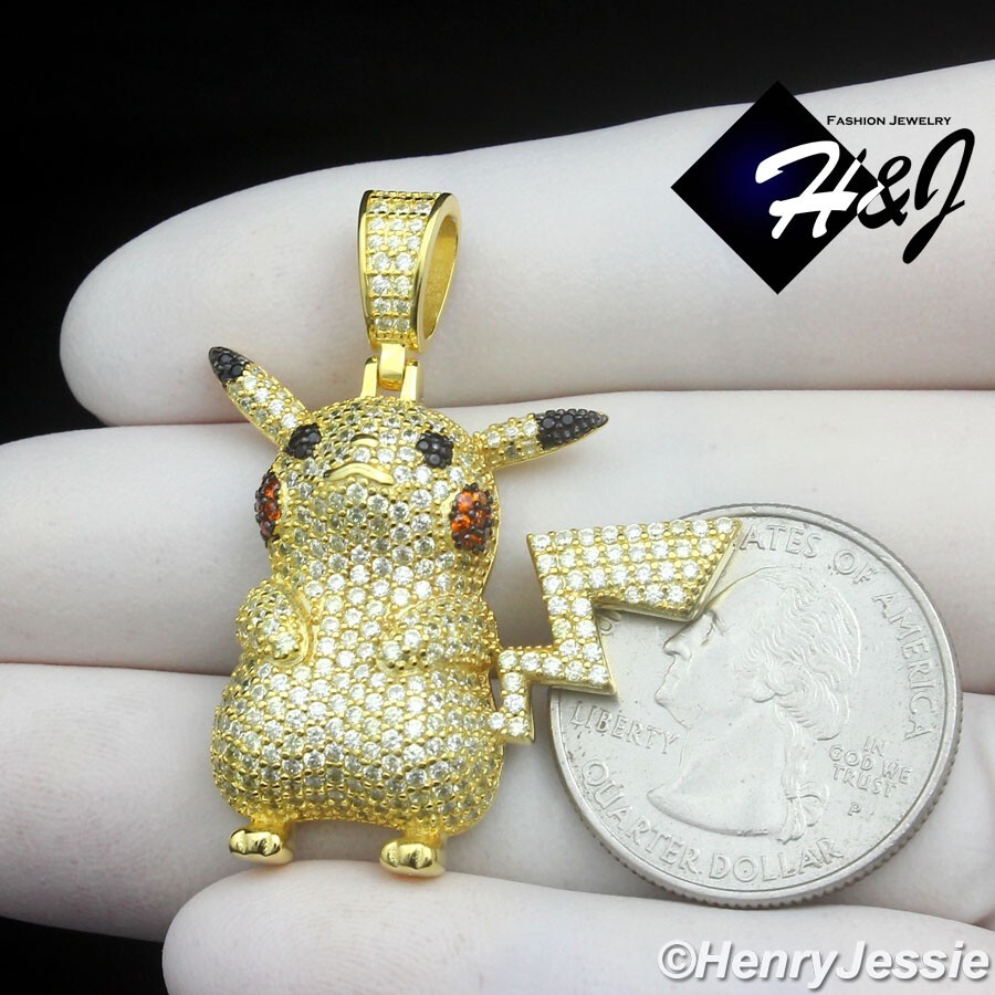 925 STERLING SILVER ICY CZ 3D HIPHOP GOLD PLATED PICKACHU POKEMON PENDANT*GP510