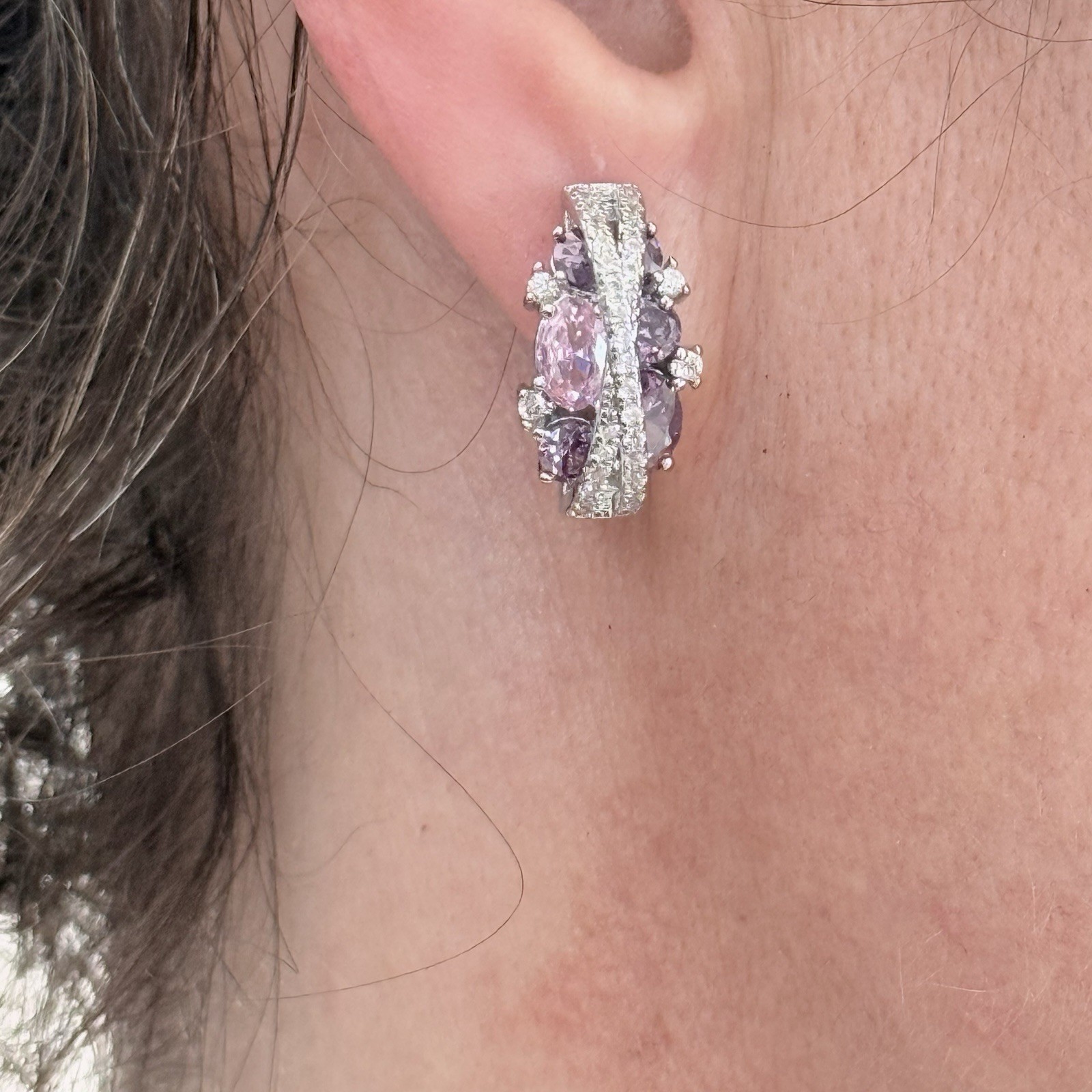 Multicolored Pink Purple, White Cubic Zirconia, Huggie Hoop, Dangle
