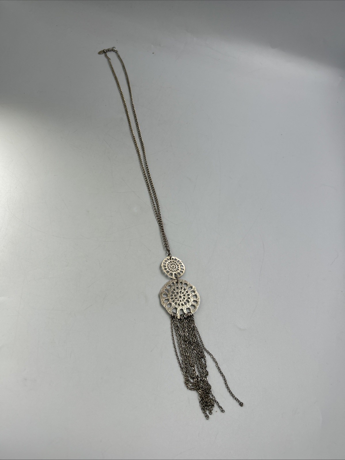 Silver Tone Filigree Pendant Tassle Y-Drop Chain Necklace