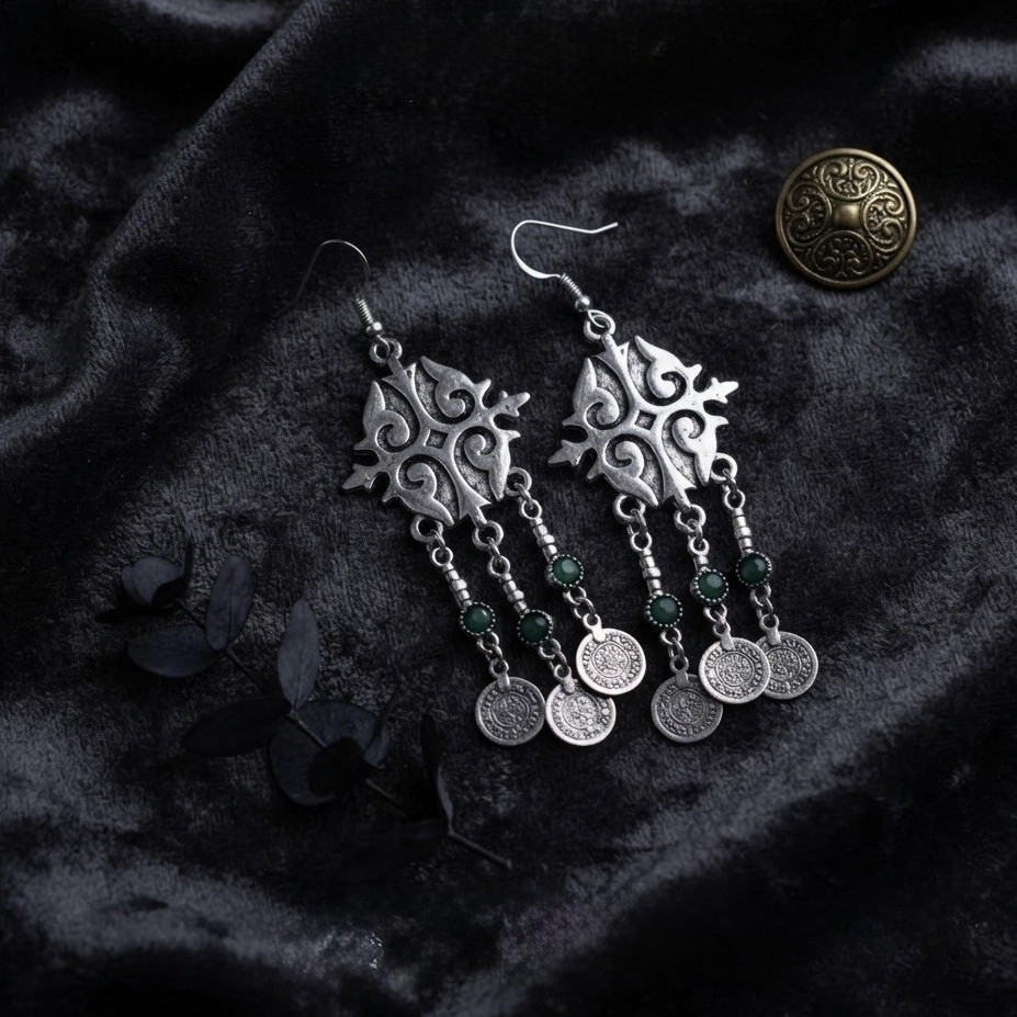 Silver Tone Chandelier Dangle Drop Hook Earrings Green Beads Coin Charms