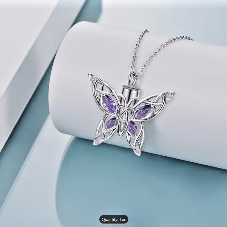 CZ PURPLE BUTTERFLY MEMORIAL URN ASHES CHARM 24″plated 925 Sterling Silver Chain