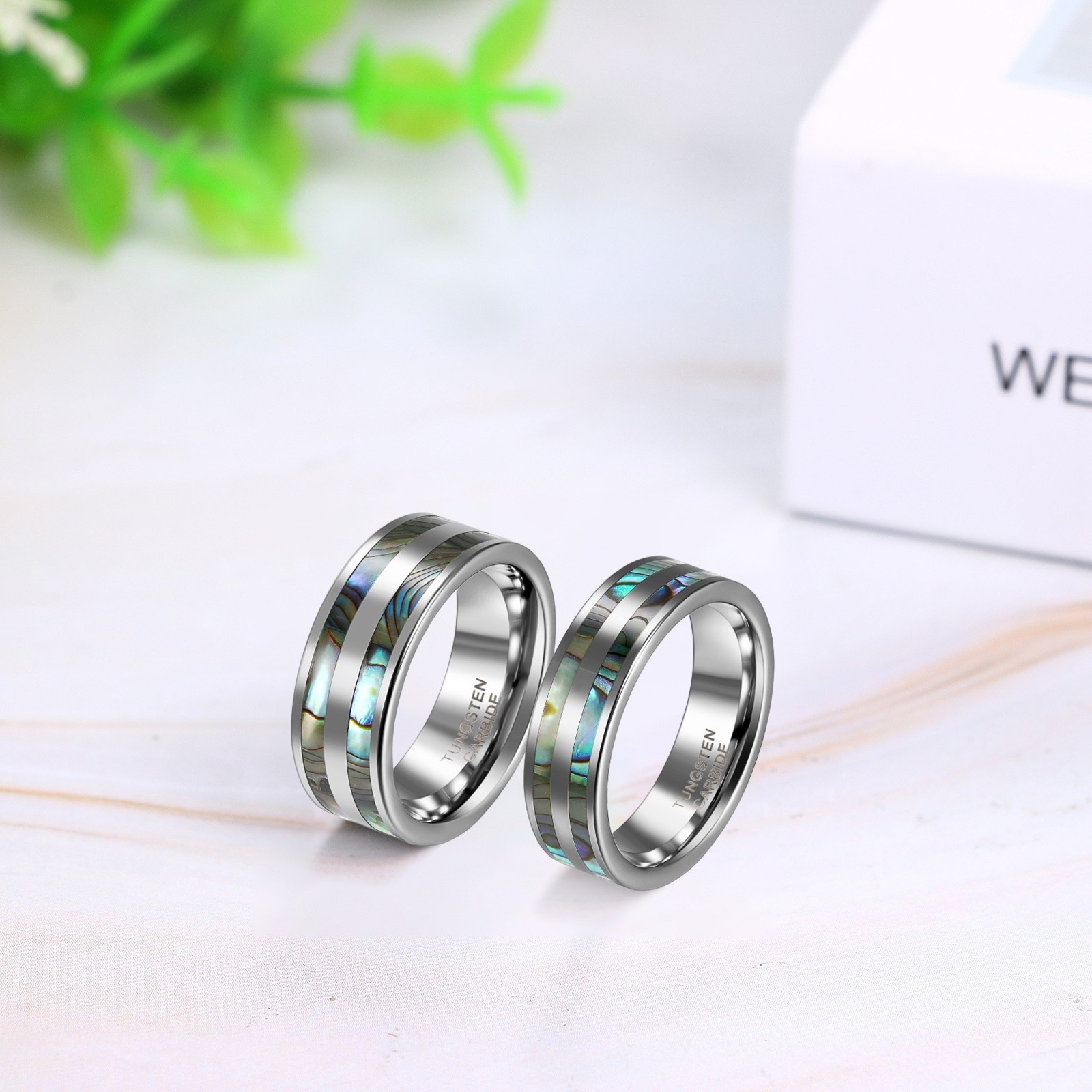 Comfort Fit Tungsten Carbide Ring Black Double Abalone Shell Inlay Wedding Band