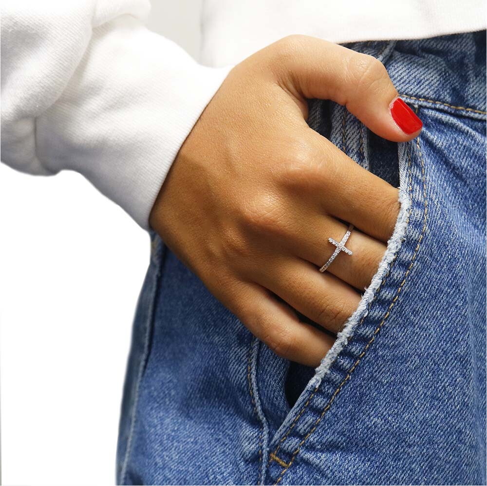 Sideways Cross Clear CZ Classic Ring New Sterling Silver Band Sizes 6-9