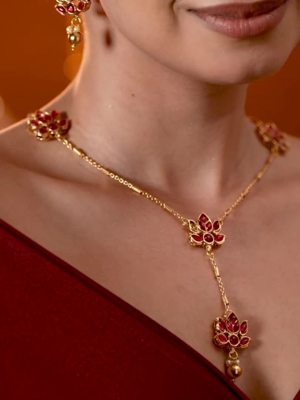 Indian Gold Plated Ruby Pink Studded Layered Lotus Necklace Earrings Jewelry Set