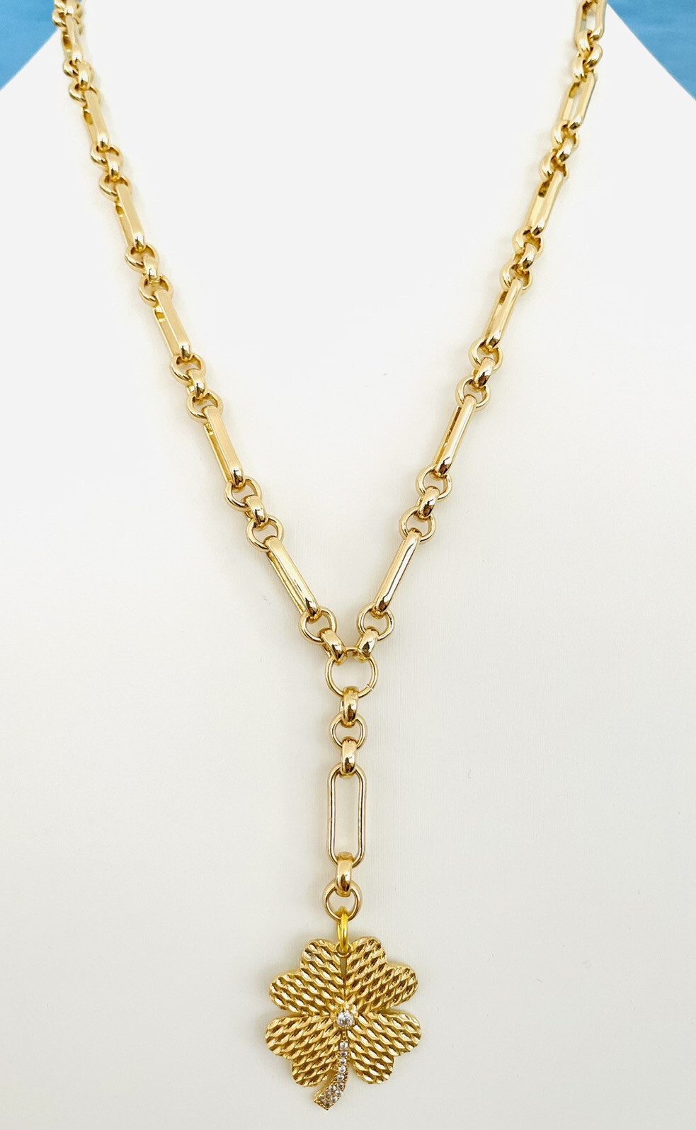 Mixed Paperclip Chain Lariat Necklace Pave CZ Clover Textured Charm Medallion