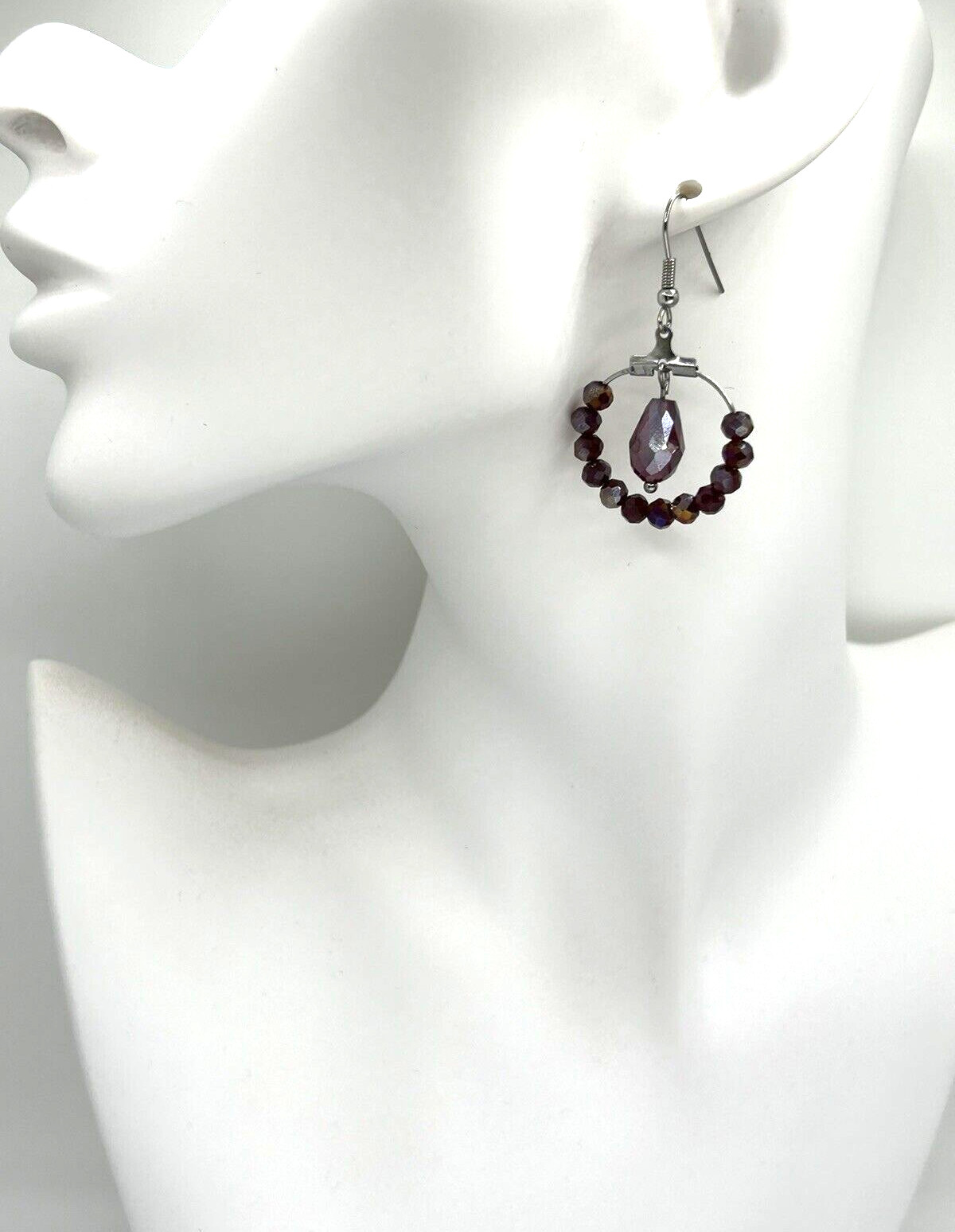 Gorgeous Deep RED Aurora Borealis Glass Beaded Stainless Steel HOOP Earrings