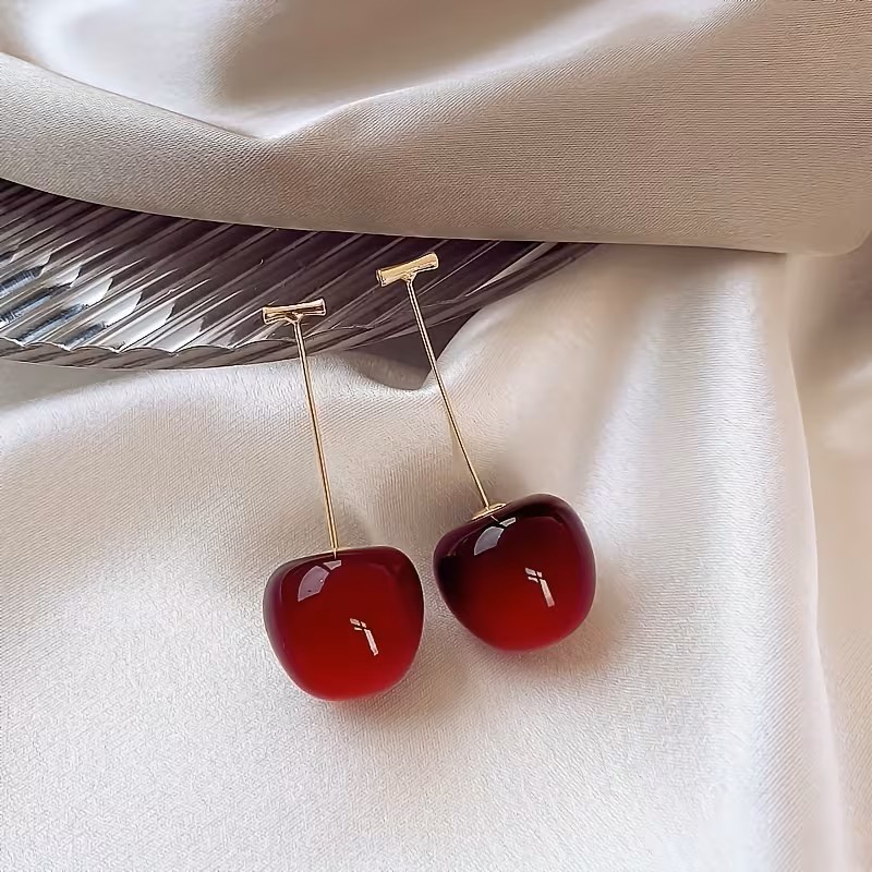 Sweet Red Cherry Dangle Earrings Cute Fruit Drop Statement Fashion Jewelry