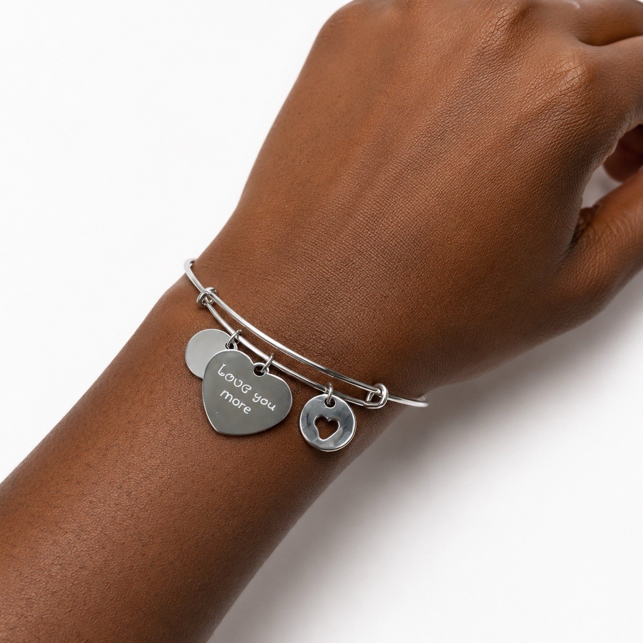 Love You More Silver Charm Bangle Bracelet for Women Heart Jewelry Gift