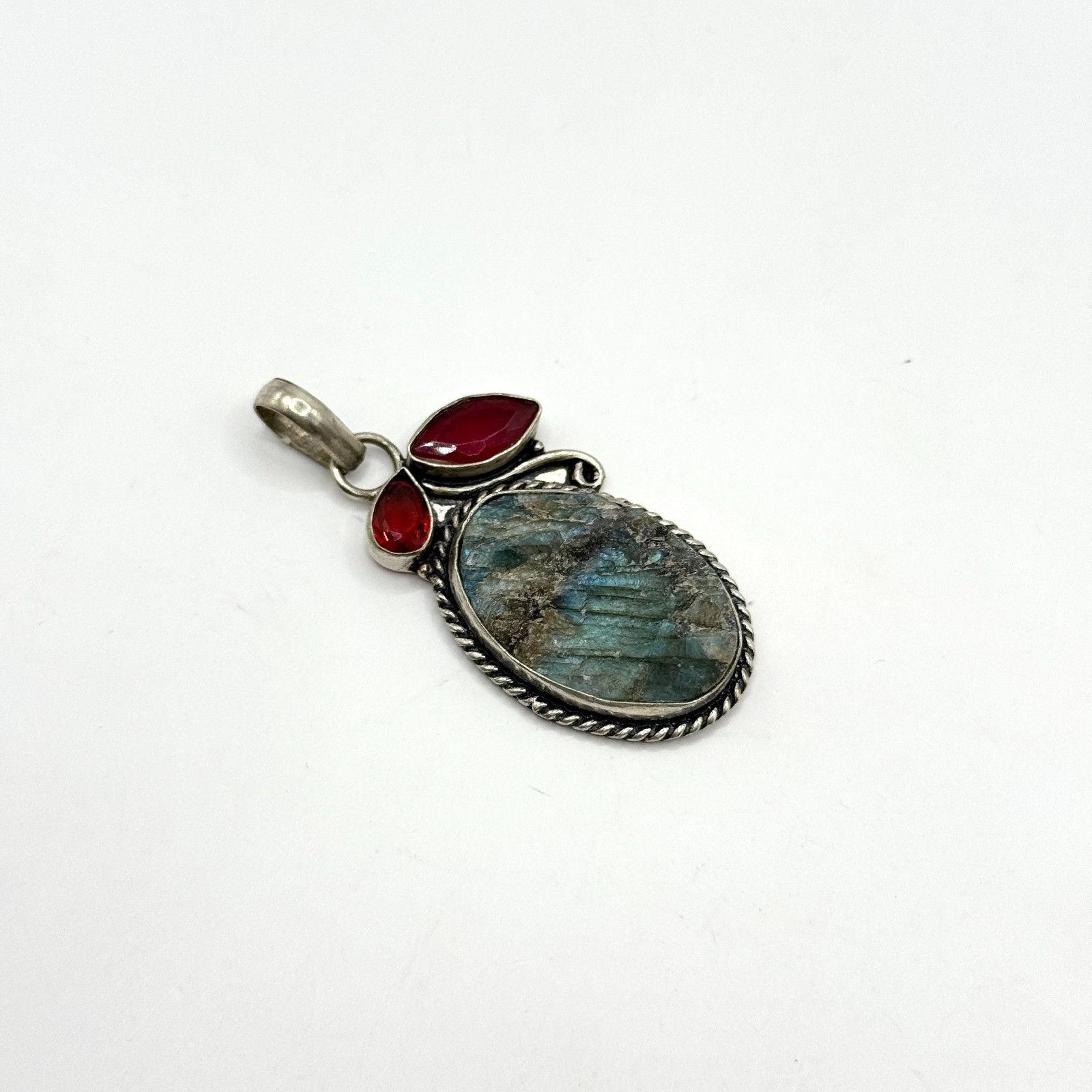 Vintage Rough Labradorite Garnet Gemstone Pendant Sterling Silver 925 Charm Blue