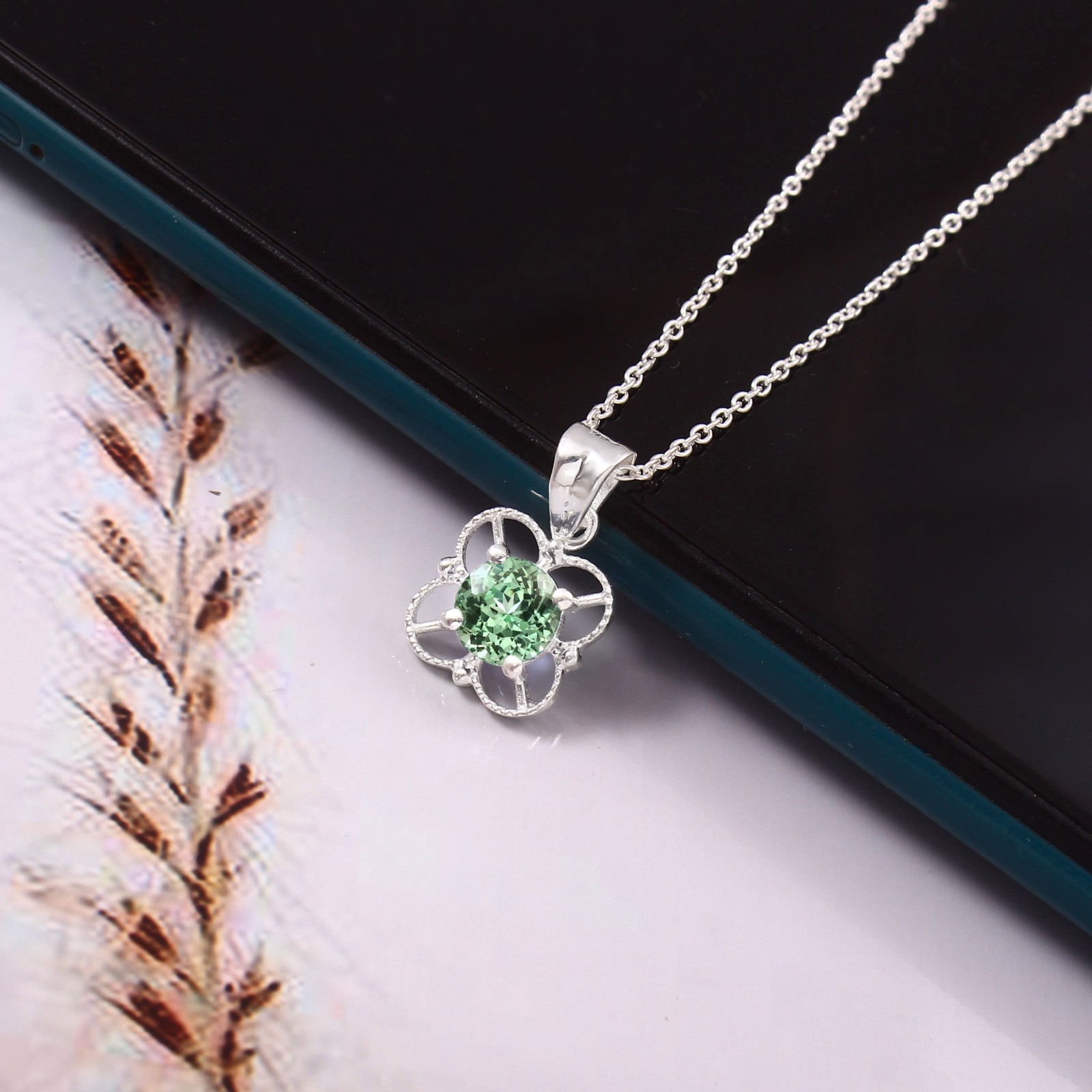 Green Sapphire Necklace, Sterling Silver Pendant, Round Cut 6×6 MM Proposal Gift