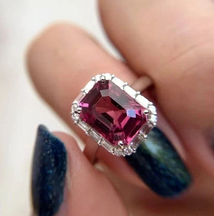 3.70 Ct Emerald Cut Natural Pink Ruby Halo Wedding Ring 14k White Gold Size 8