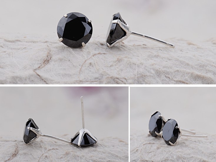 A Pair Solid 925 Sterling silver stud earrings black CZ round prong setting