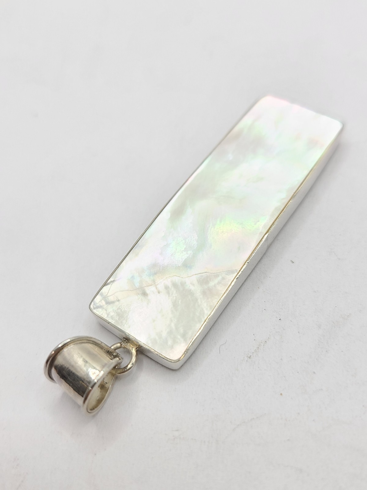 Estate Double Sided Mother of Pearl Rectangle 925 Sterling Silver Pendant