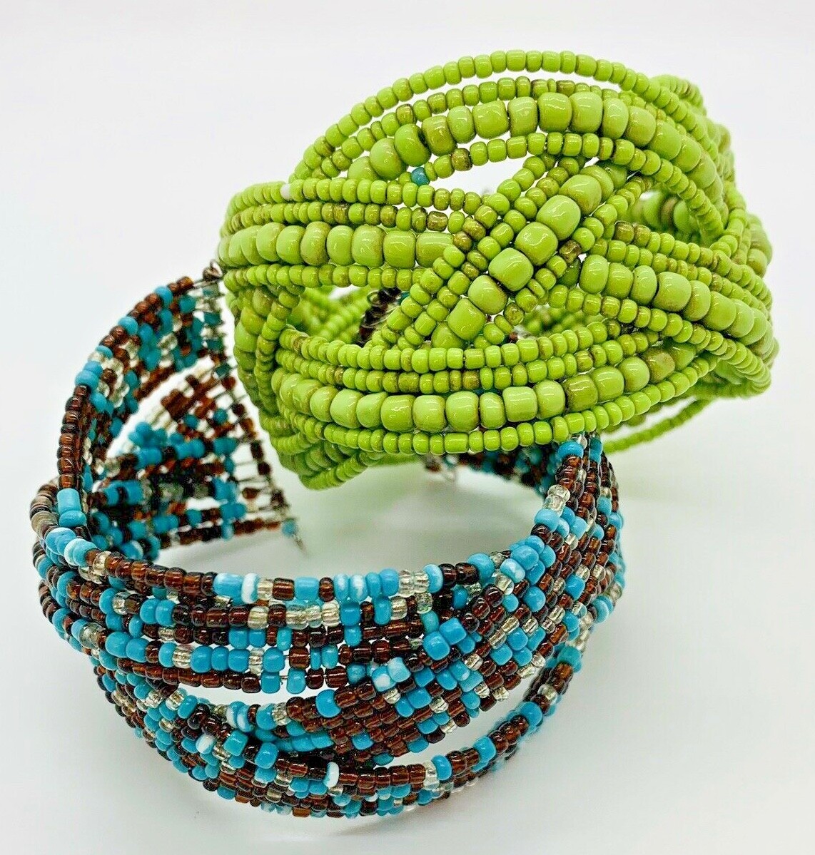 2 MULTI-COLOR SEED BEAD BRAIDED GOLD TONE CUFF BRACELET FITS ALL WRIST