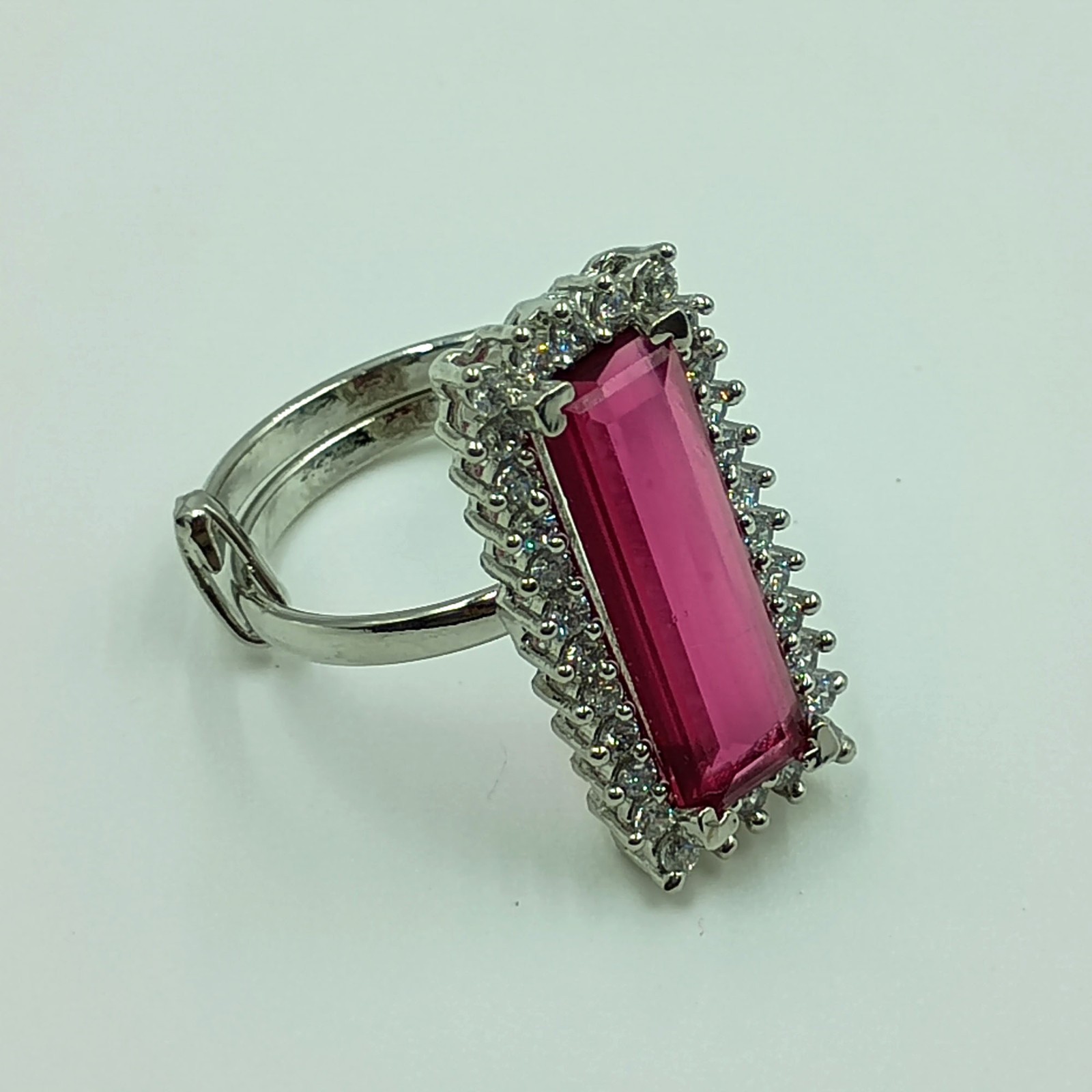 Womens Red Baguette Halo Ring Adjustable Band White Plated Wedding Jewelry
