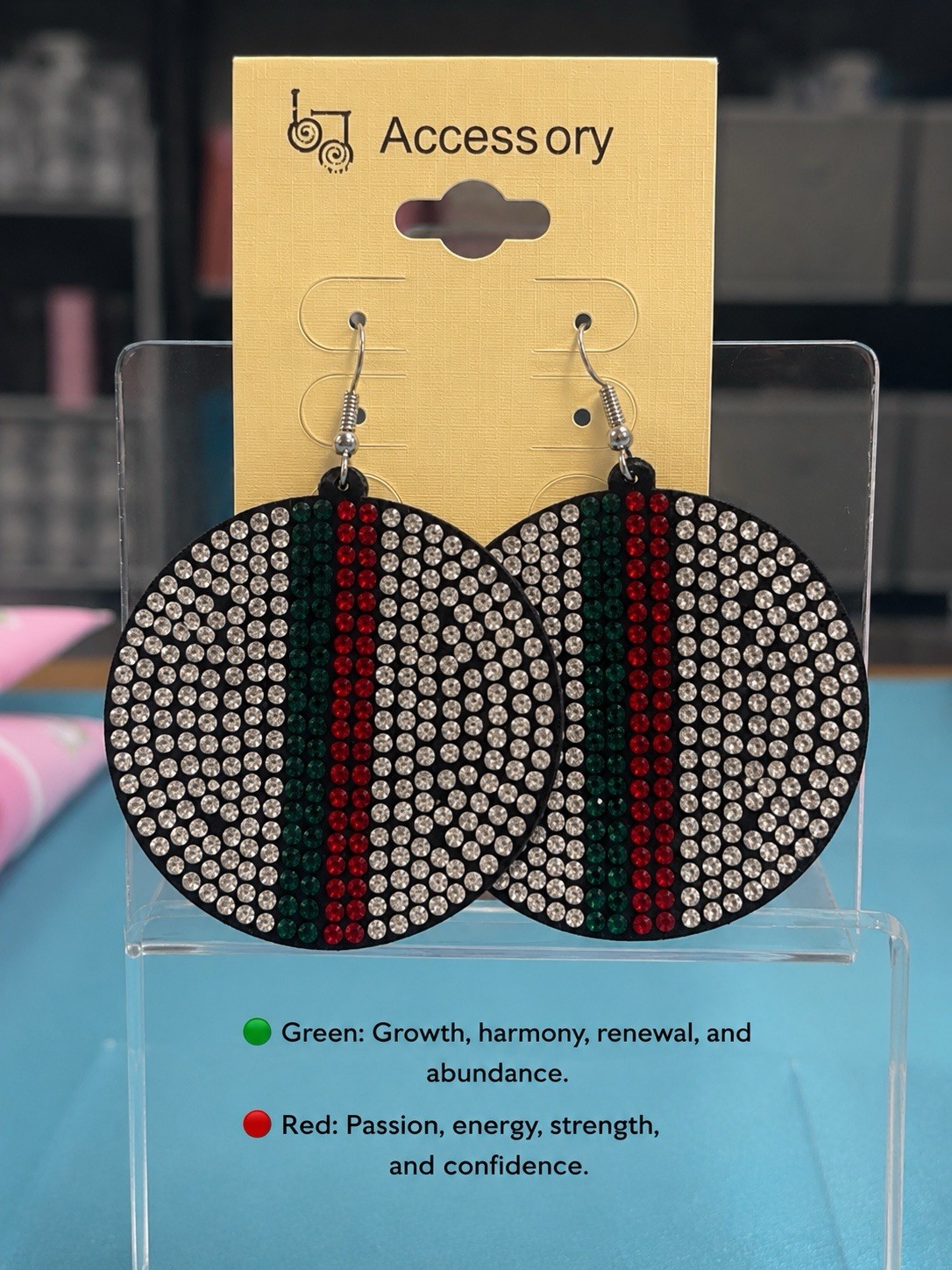 Back Black Felt Rhinestone Earrings In Silver, Green And Red