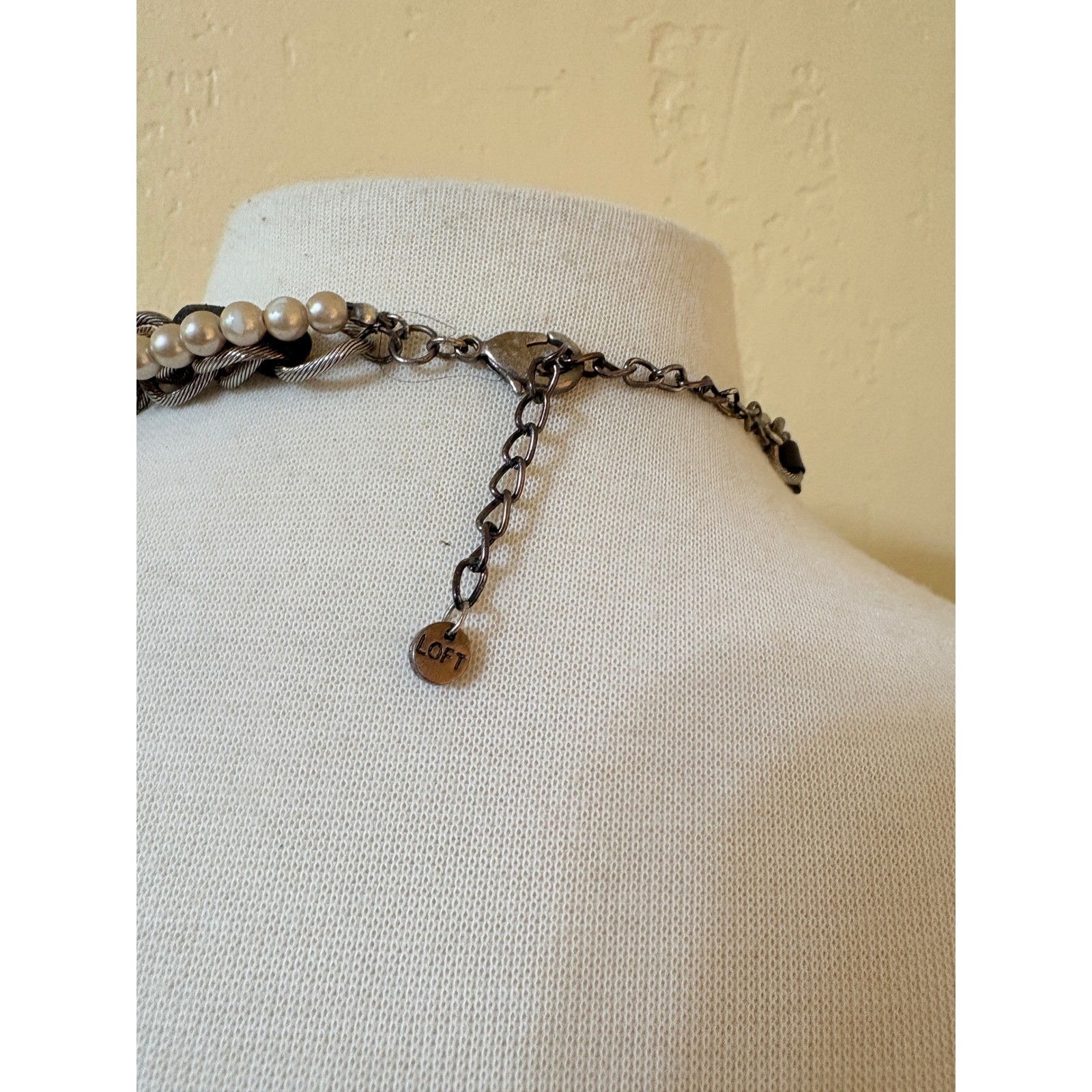 Loft Chunky Multi Strand Necklace Gold Tone Chain Faux Pearl Leather Statement