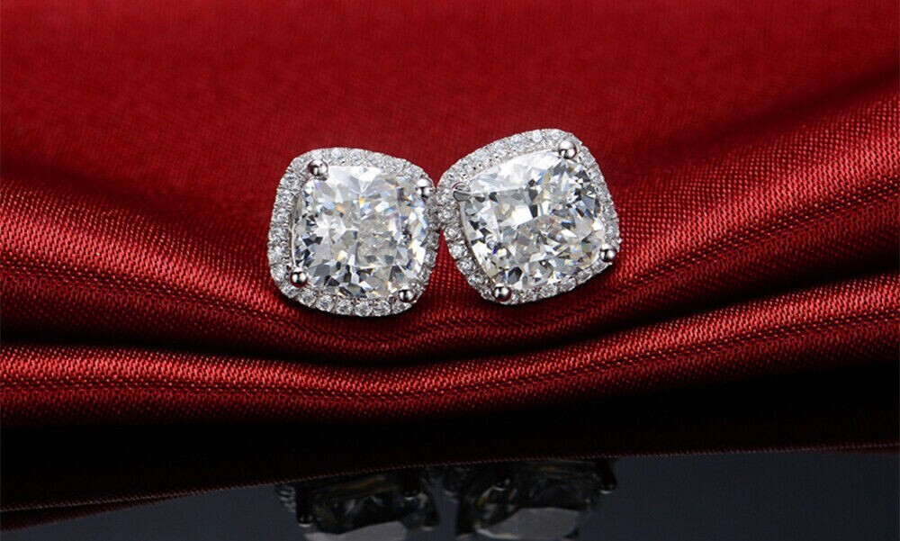 Men & Women 925 Sterling Silver Cubic Zirconia Halo Square Stud Earrings – Gift