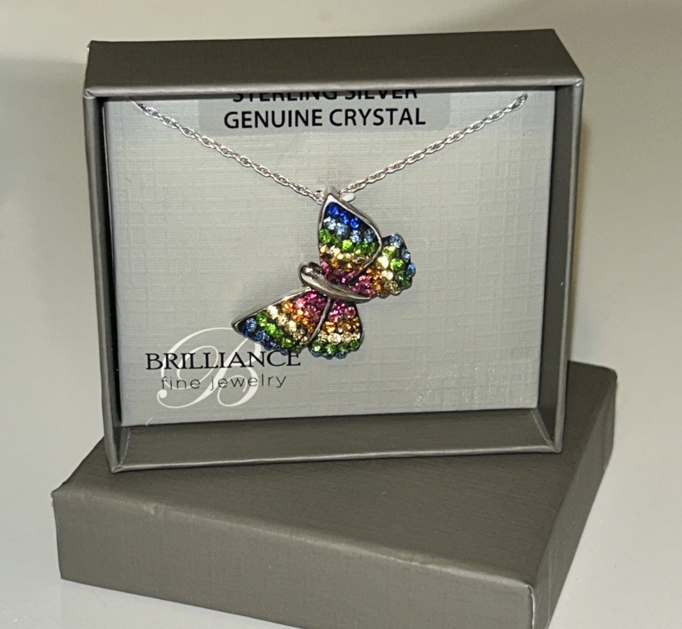 Brilliance Fine Jewelry Sterling Silver & Crystal Butterfly 18” Necklace NIB!