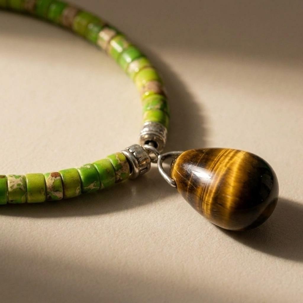Tiger Eye Pendant Necklace, Green Imperial Jasper Necklace, Heishi Bead Choker,