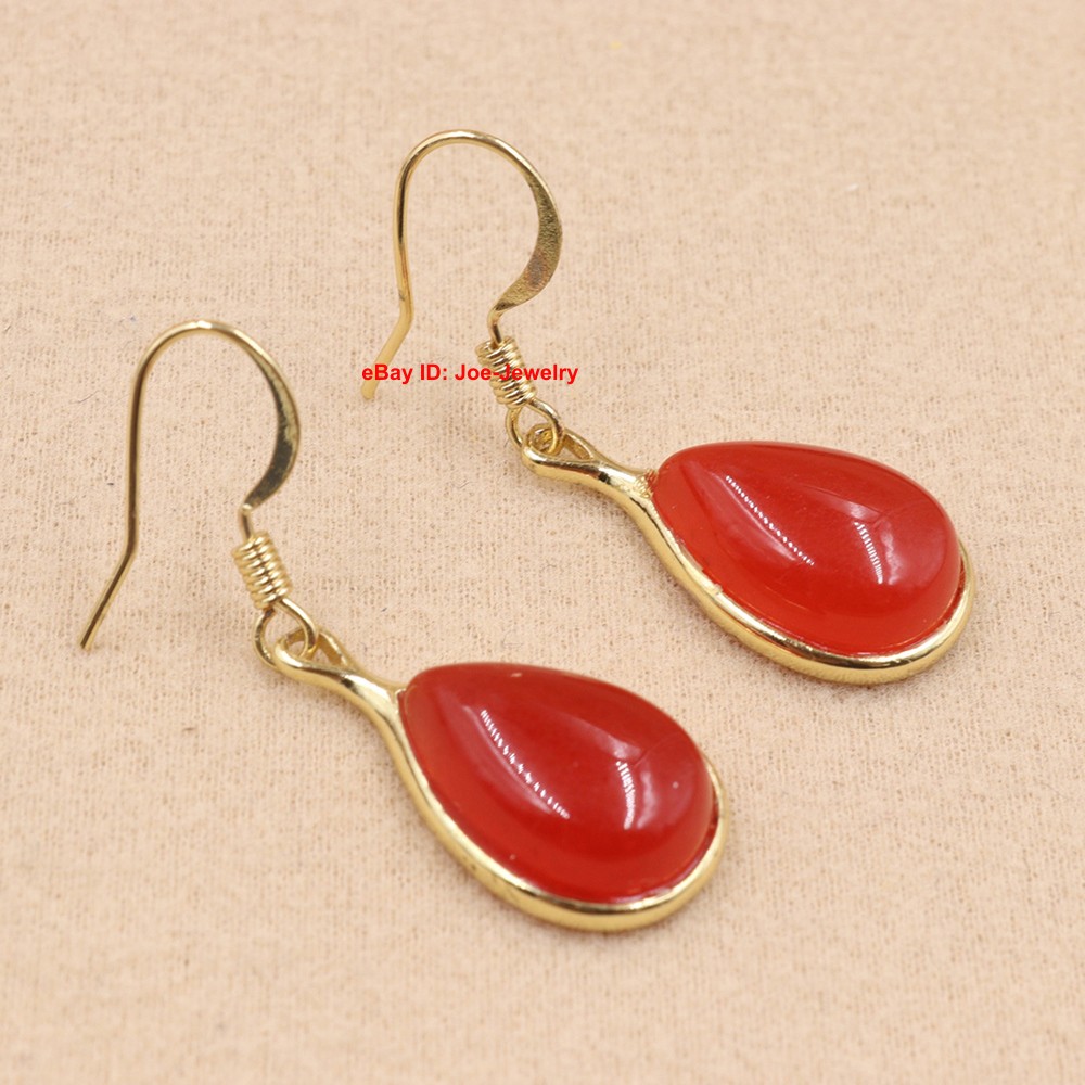 New Gold Plated Heated Red Jade Pear-Shaped Dangle Earrings 38mm H