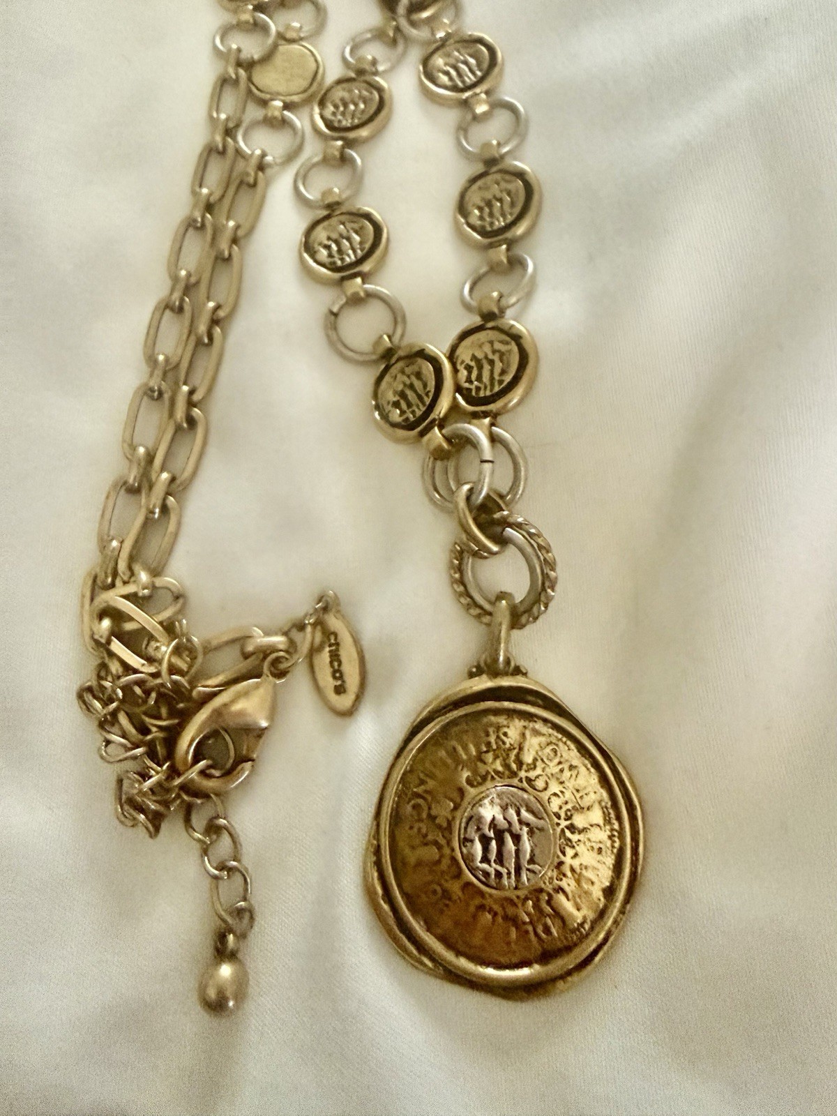 Chicos Adjustable Coin Necklace 30”Long Chain Modern Designer Two toned