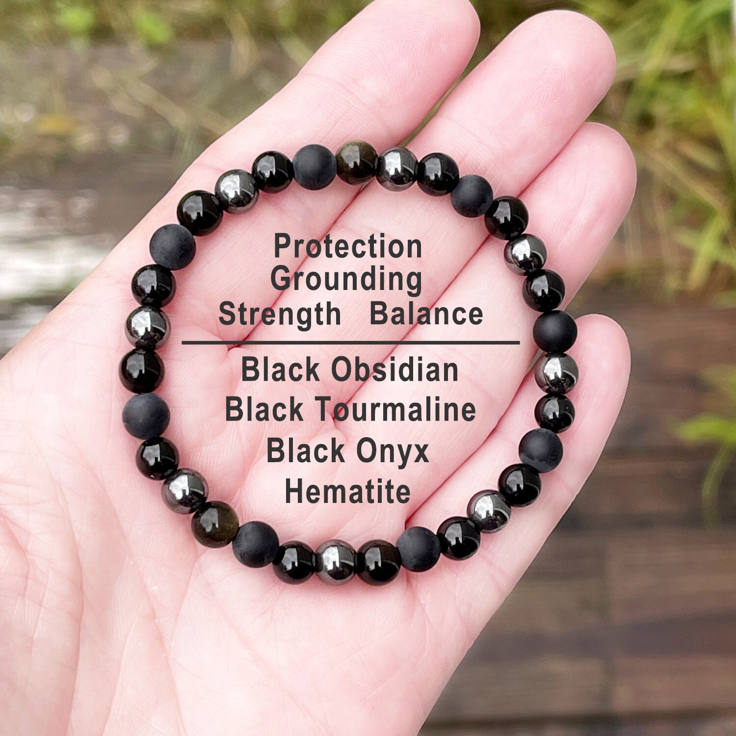 Protection Bracelet 6mm Black Onyx Tourmaline Obsidian Hematite Stone Bracelet