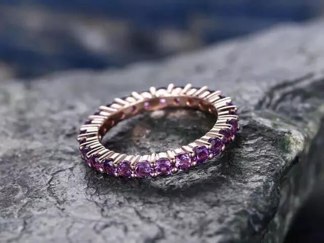 1.20 Ct Round Cut Simulated Amethyst Eternity Wedding Ring 14K Rose Gold Plated