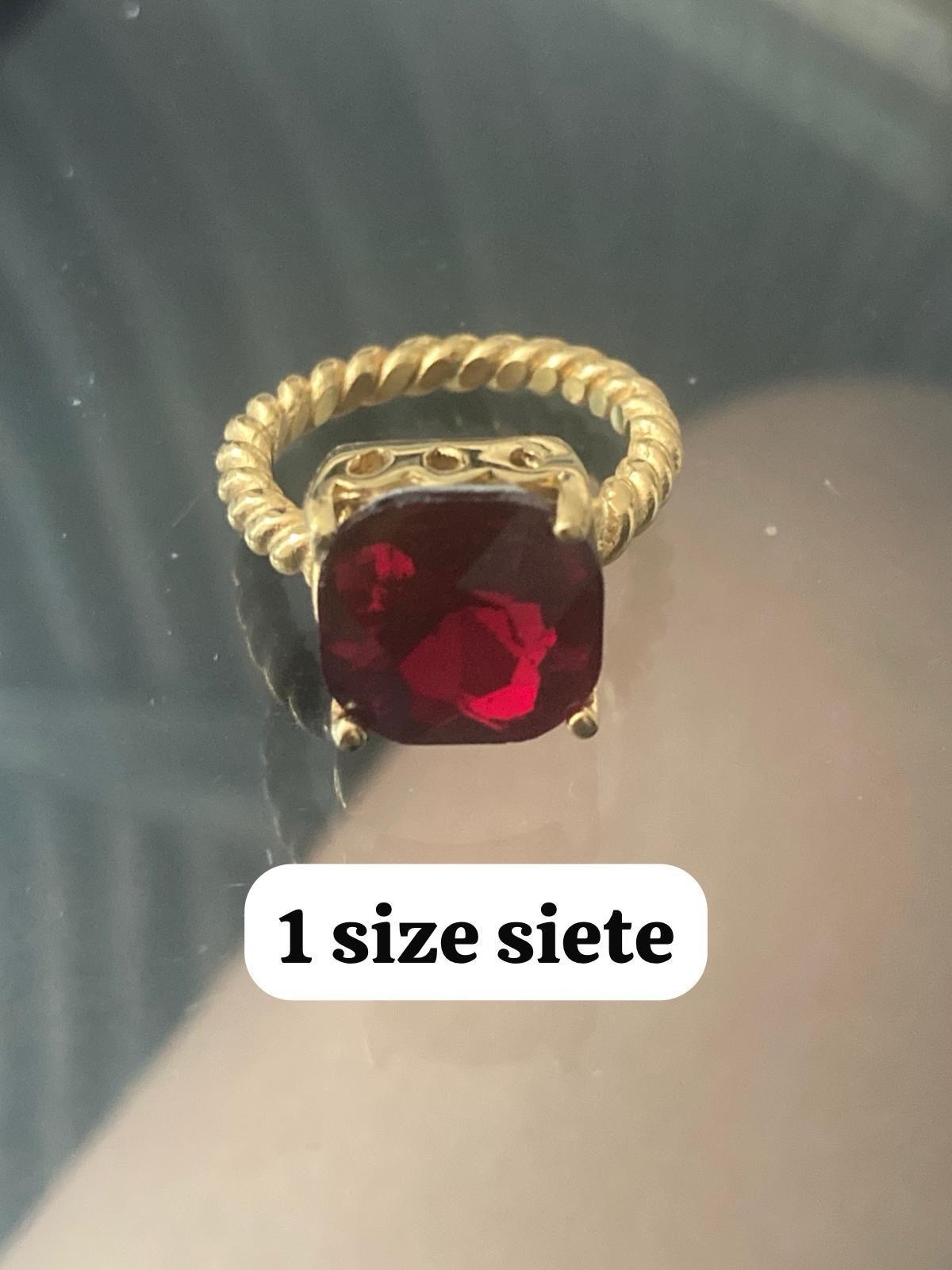 Stainless Steel Gold Color Ring Size 7 with Square Red Center Stone Women’s