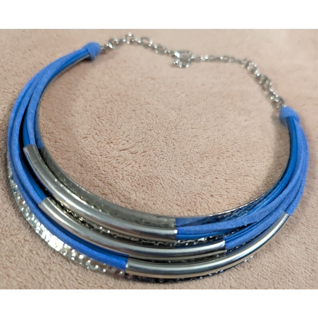 New Silvertone Blue Necklace Lobster Clasp W/ extender