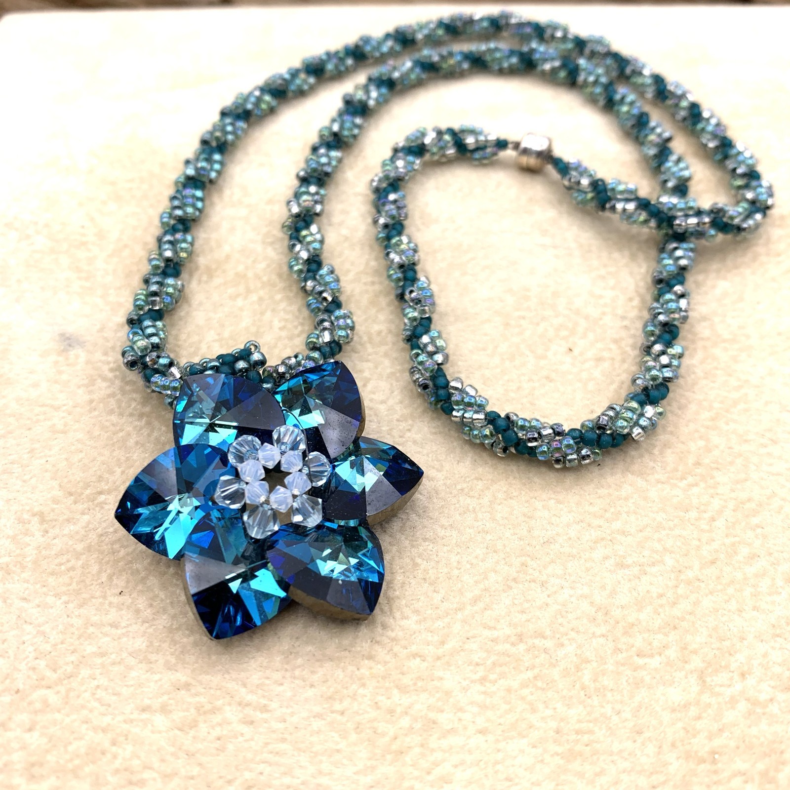 Swarovski Crystal Blue Flower & Peyote Stitch Cord, 10Kt Clasp Removable Pendant