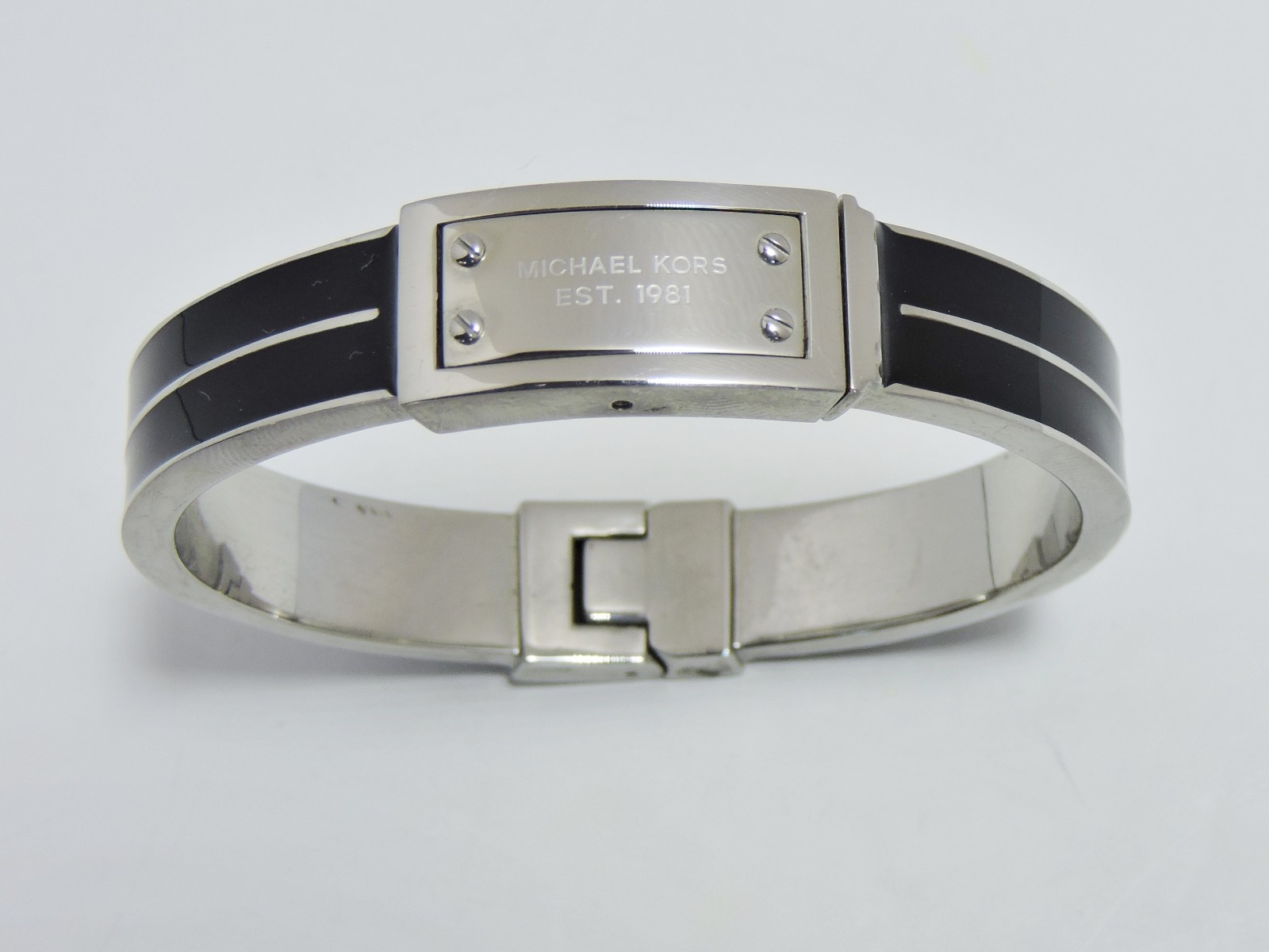 Michael Kors Black Silver Tone Push Lock Top Closure Bracelet NWT
