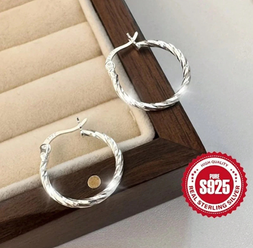 1pair hypoallergenic twisted round hoop earrings – lightweight 925 silver design