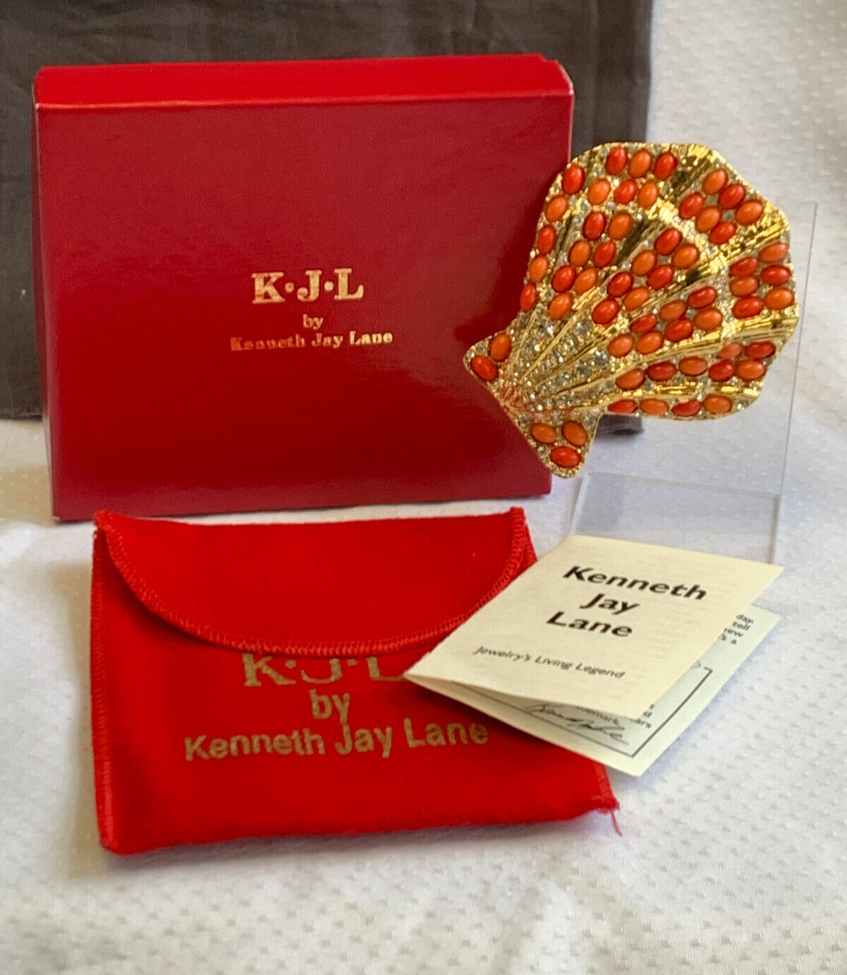 Kenneth Jay Lane Clamshell Brooch Fashion Jewelry Faux Coral Rhinestone Pin